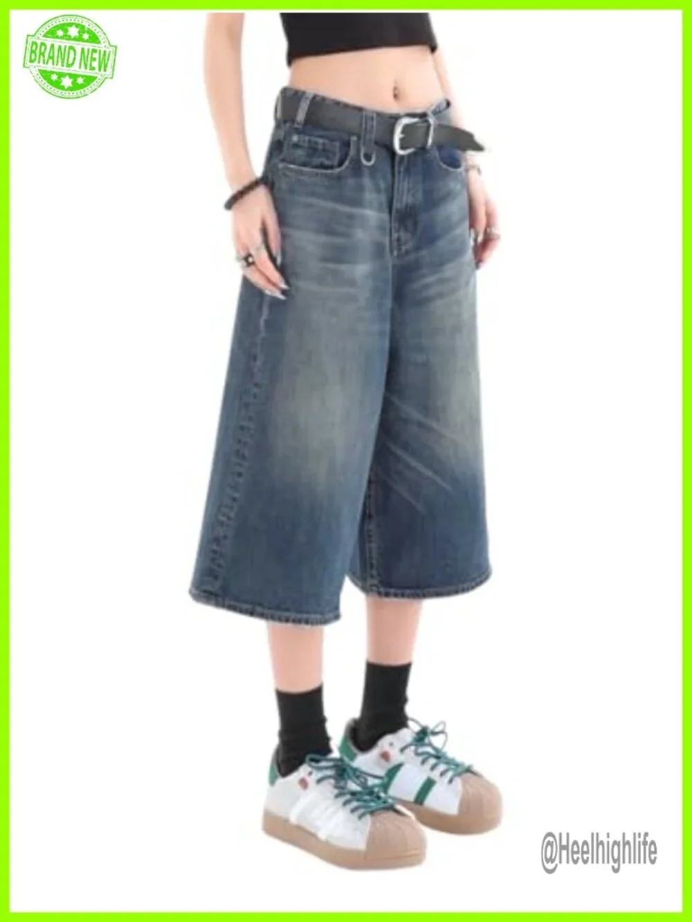 Womens Baggy Capri Jean Shorts Wide Leg Long Y2K Cotton Denim Summer